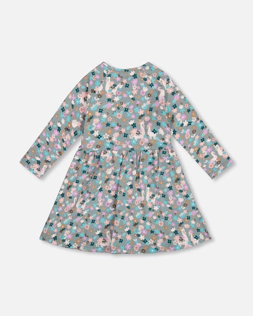 Deux Par Deux Half Button Organic Cotton Dress Llama In Gray