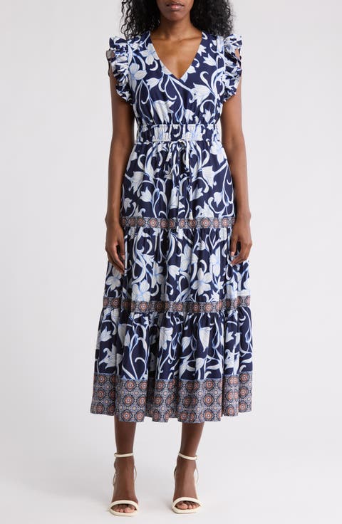 Floral Print Ruffle Tie Waist Maxi Dress