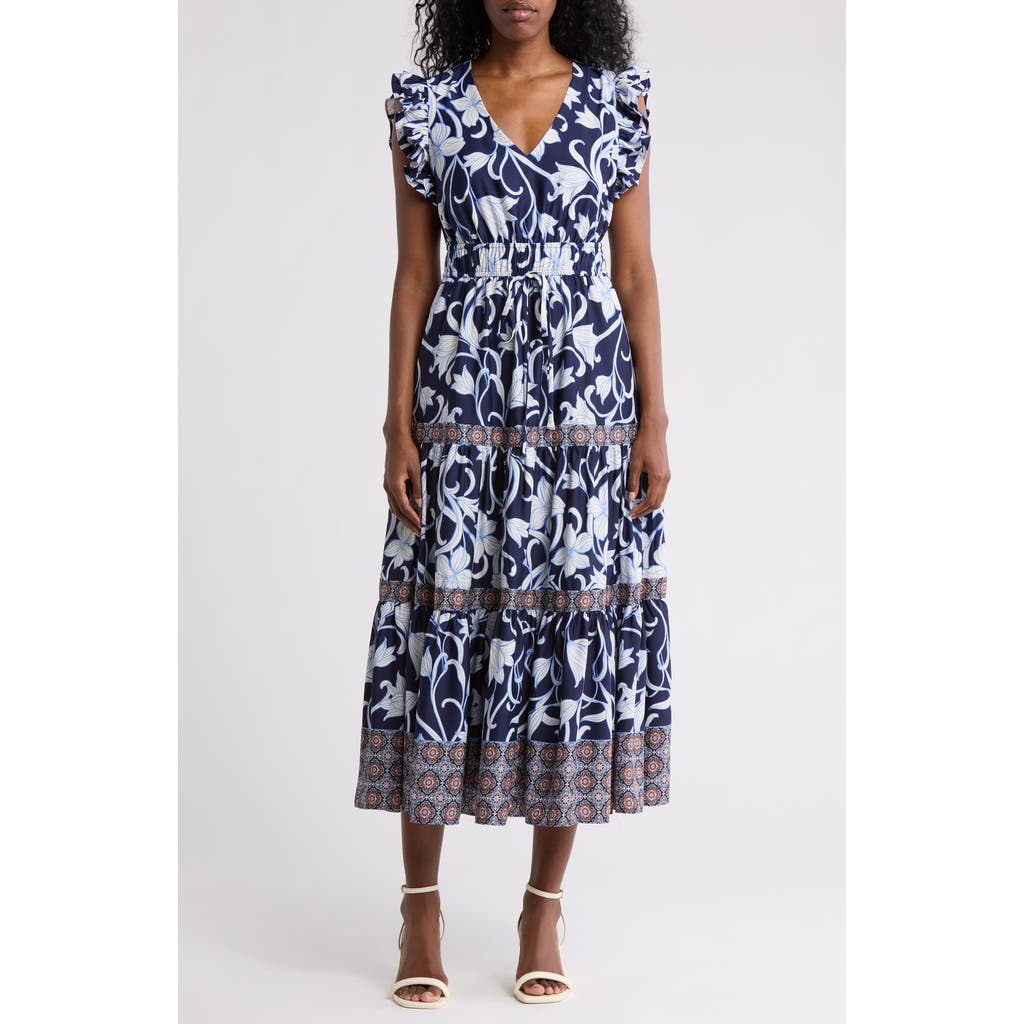 Anne Klein Floral Print Ruffle Tie Waist Maxi Dress In Distant Mountain Multi