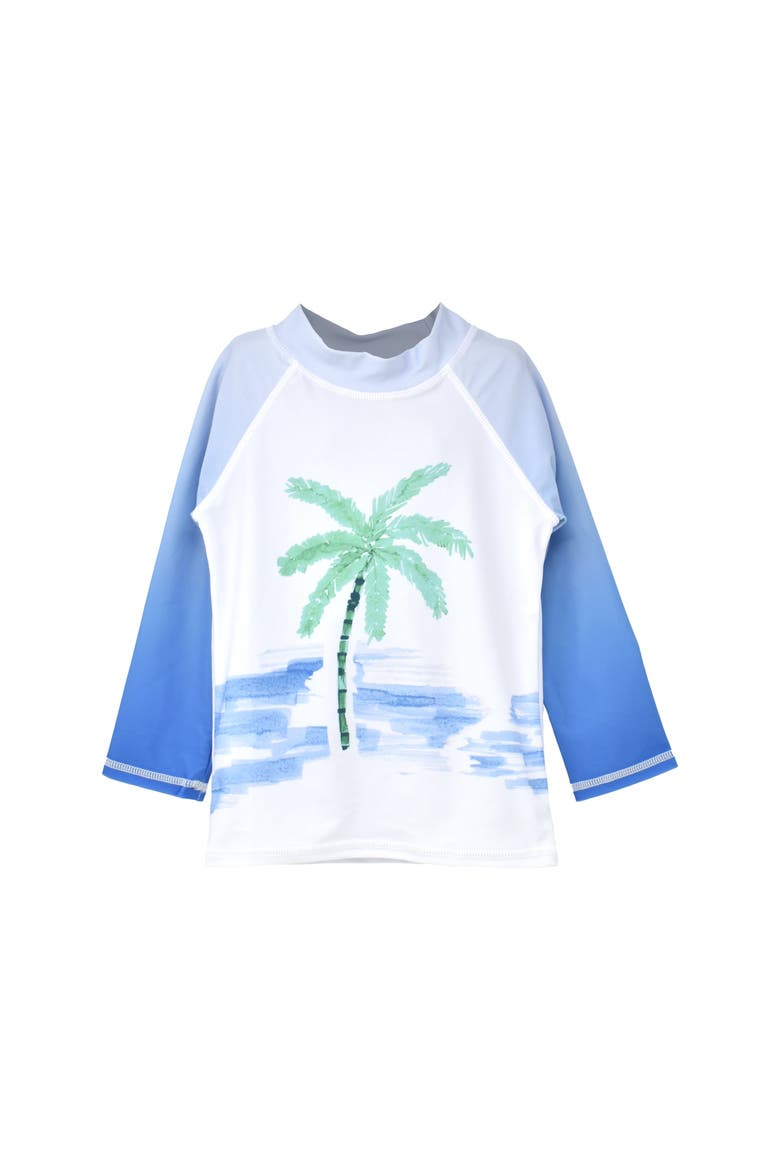 Sustainably Made UPF 50+ Kids' Graphic Rash Guard Swim Top, Main, color, Painted Palms Blue