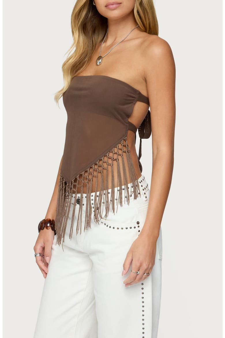 Fringe Hem Mesh Tube Top, Alternate, color, BROWN