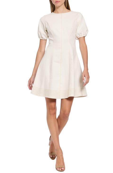 Seamed Puff Sleeve Cotton Blend Denim Minidress