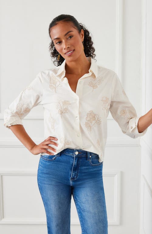 Karen Kane Floral Embroidery Button-up Shirt In Cream