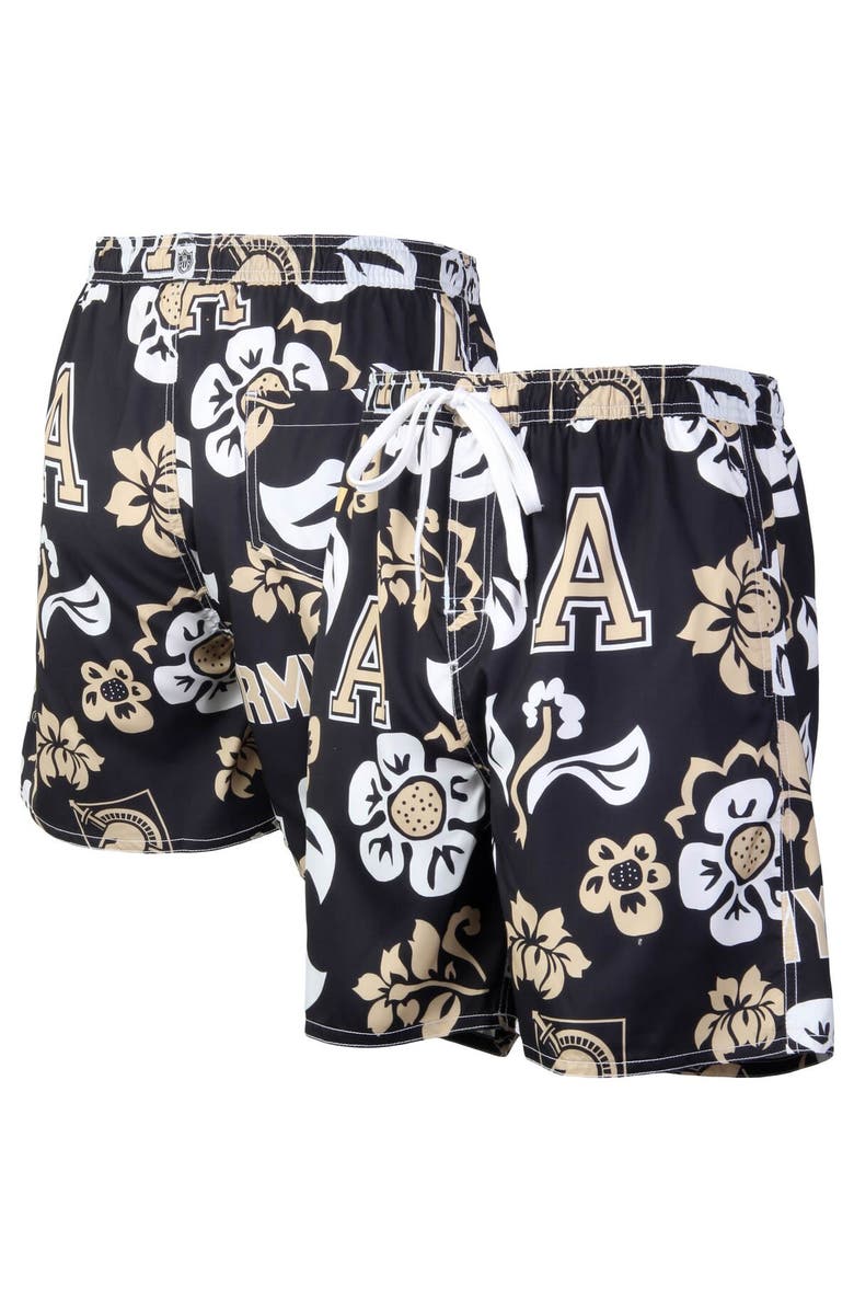 Wes & Willy Men's Wes & Willy Black Army Black Knights Floral Volley Logo Swim Trunks, Main, color, Black