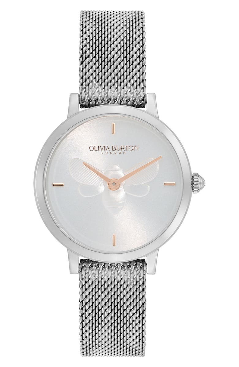 Olivia Burton Signature Bees Mesh Strap Watch, 28mm, Main, color, Silver
