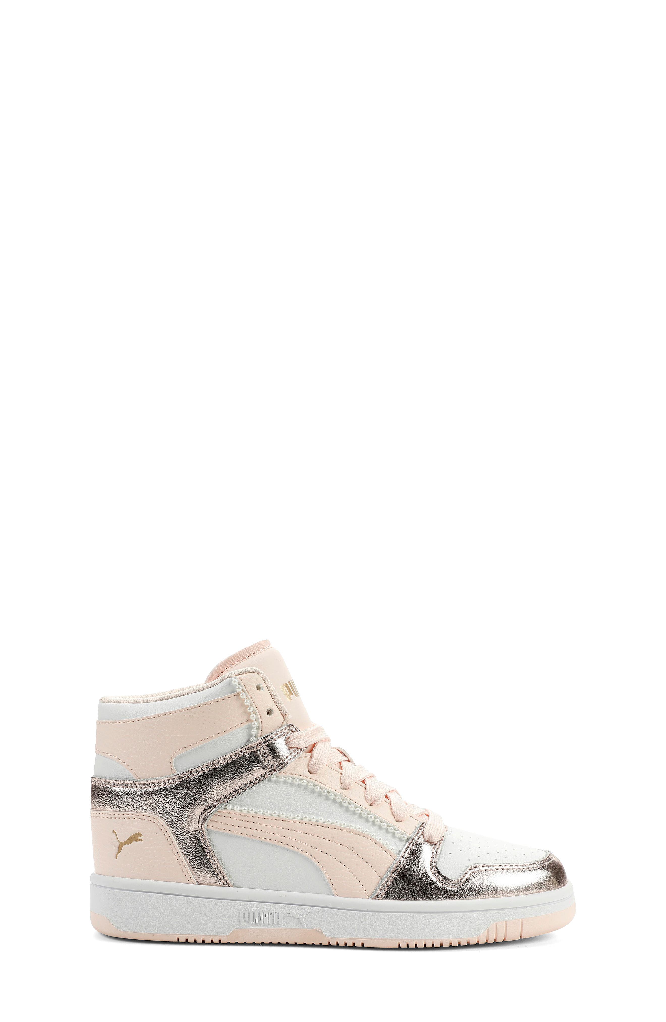 Kids' Rebound Layup High Top Sneaker, Alternate, color, PUMA WHITE-JASMINE FLOWER-GOLD