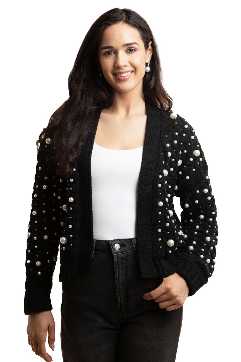 Faux Pearl Knit Cardigan, Alternate, color, BLACK
