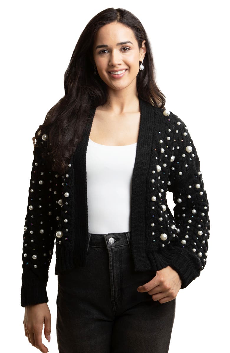 SAACHI Faux Pearl Knit Cardigan, Alternate, color, Black