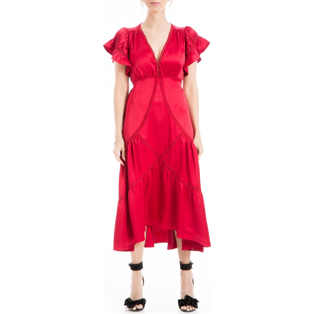 Max Studio Flutter Sleeve Satin Midi Dress In Red