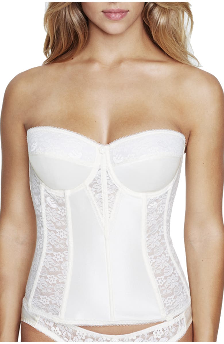 Dominique Intimates Colette Lace Low Back Convertible Corset Longline Bra, Main, color, Bone
