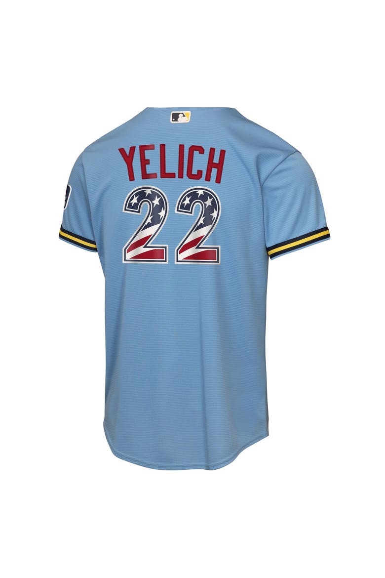 Youth Nike Christian Yelich Light Blue Milwaukee Brewers USA 250 Fourth of July Road Replica Jersey, Alternate, color, Light Blue