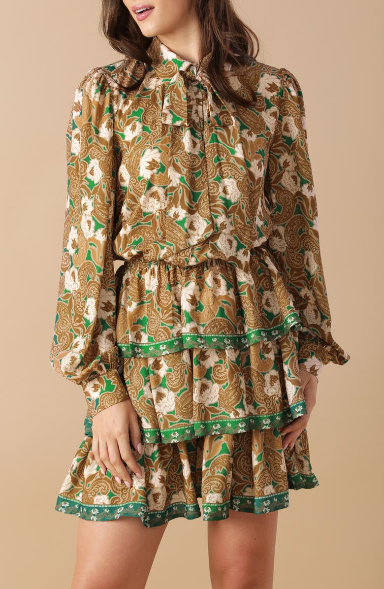 FLYING TOMATO Print Long Sleeve Minidress, Alternate, color, Green Brown