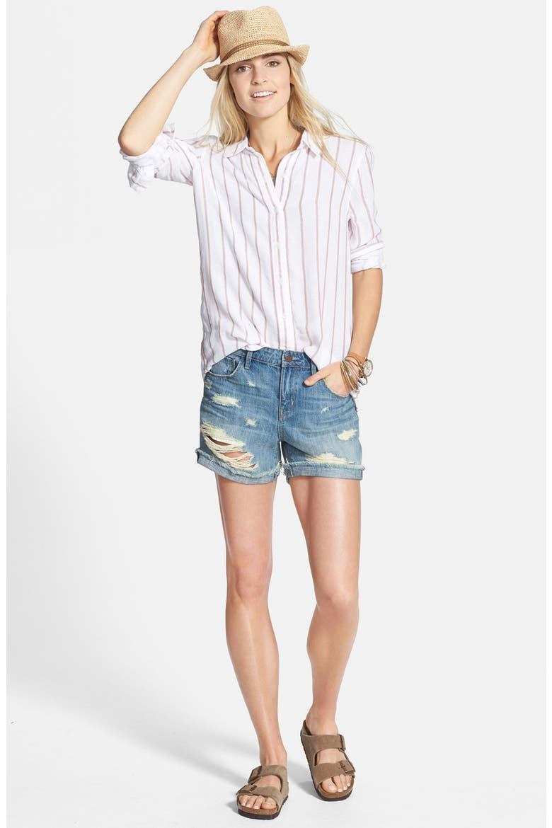 Treasure&Bond Long & Lean Boyfriend Shirt, Alternate, color, CORAL SPICE TICKING STRIPE