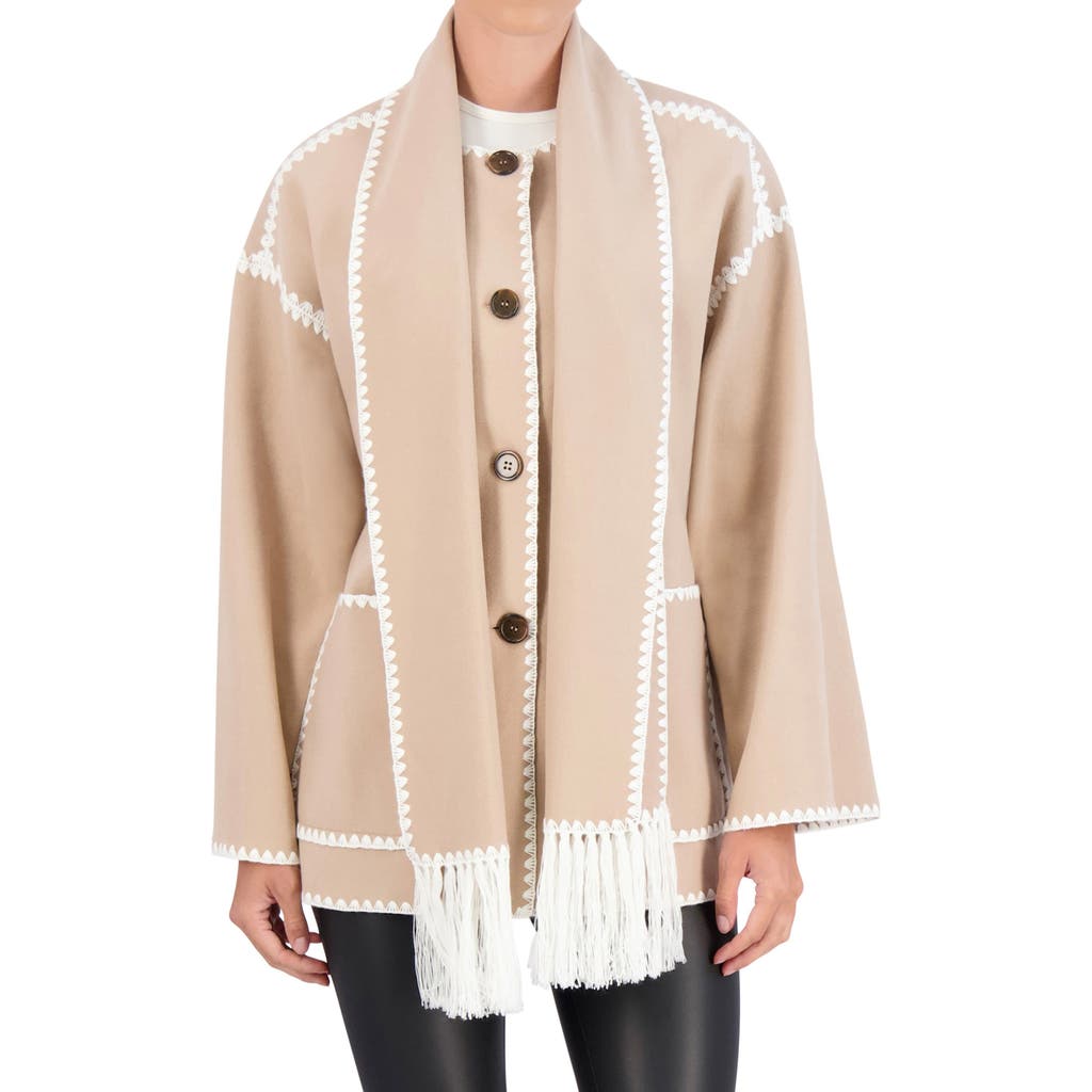 Ookie & Lala Women's Whipstitch Trim Drop Shoulder Scarf Coat In Camel