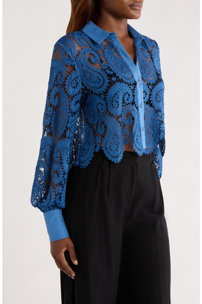 Odelia Lace Crop Button-Up Shirt, Alternate, color, BAY BLUE