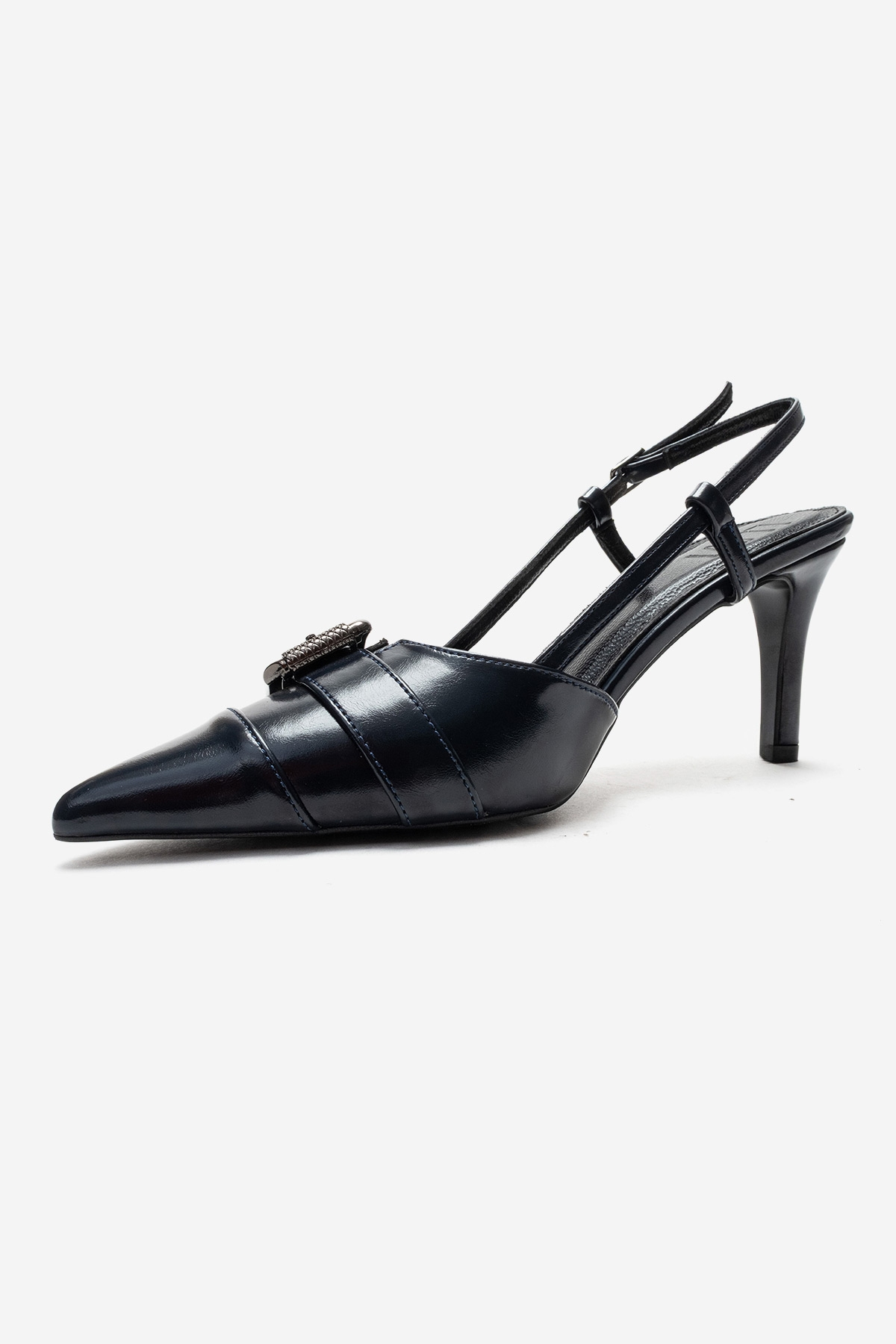 Noen Buckle Pointed Toe Stiletto Pump, Alternate, color, Navy