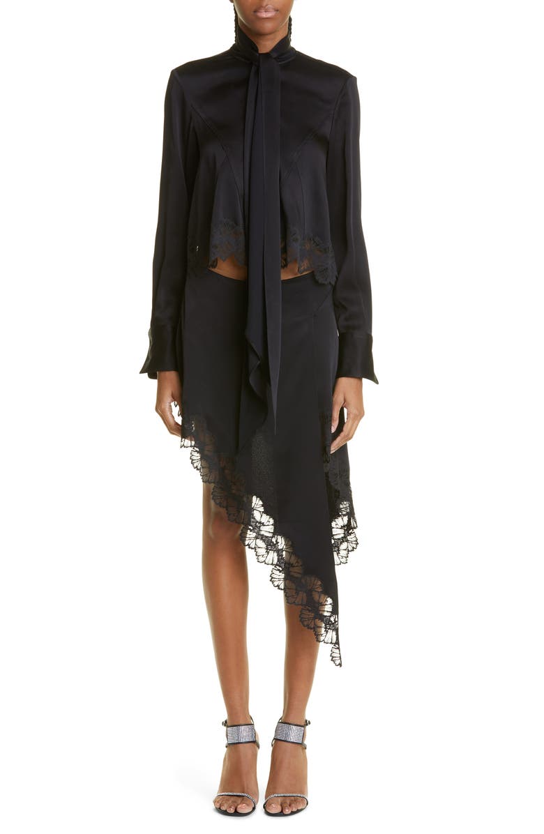 Stella McCartney Lace Trim Asymmetric Satin Skirt, Alternate, color,