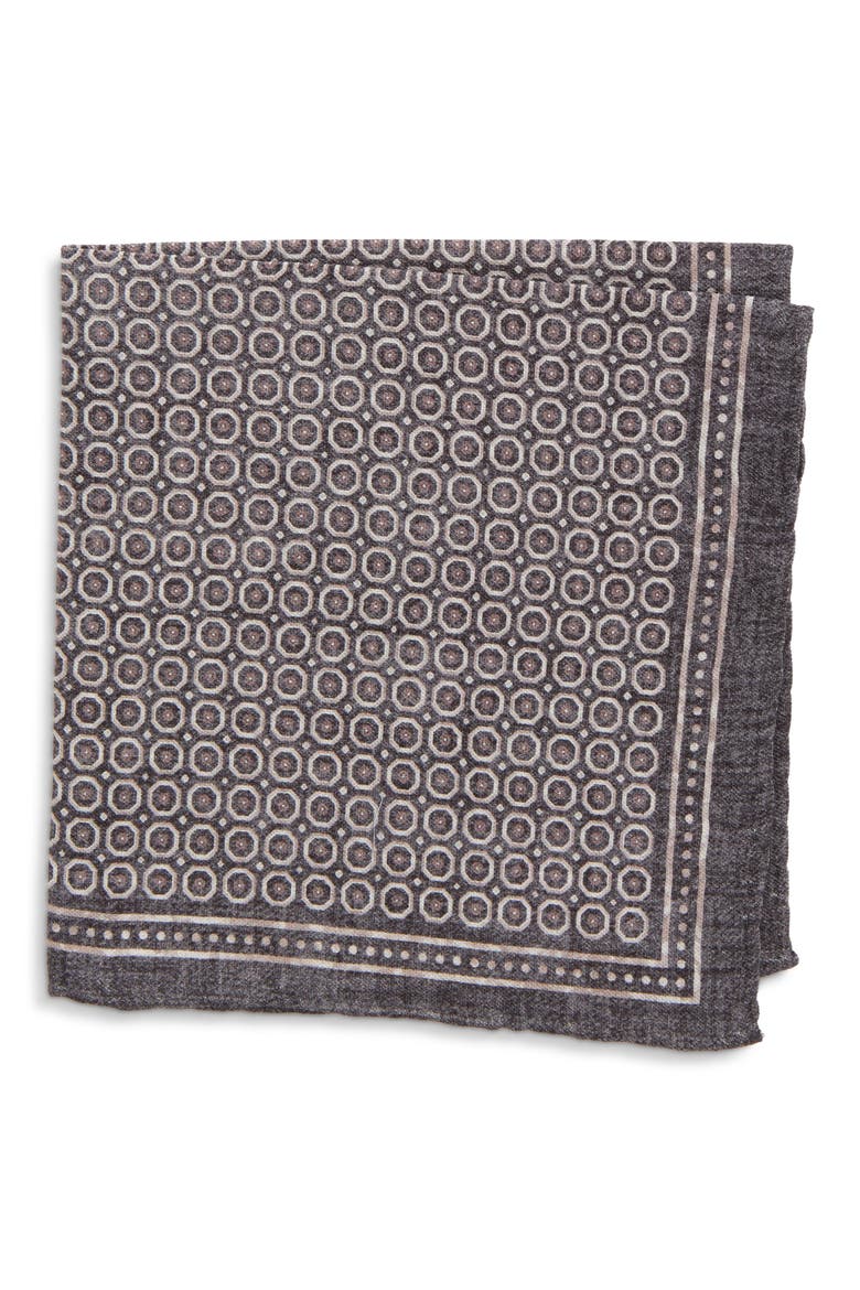 Foulard Print Wool & Cotton Pocket Square, Main, color, 221302 BLK GRY SND