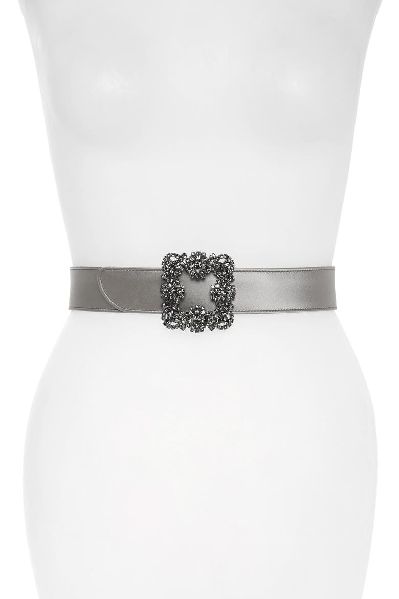 Hangisi Jewel Buckle Satin Belt, Main, color, SILVER