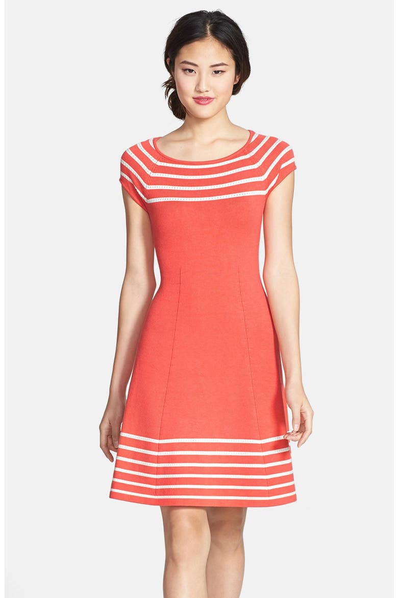 Stripe Knit Flared Dress, Main, color, CORAL/ IVORY