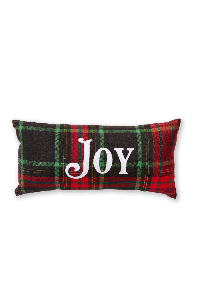 tag Joy Christmas Plaid Throw Pillow Red Multi Cotton Decorative, Main, color, 