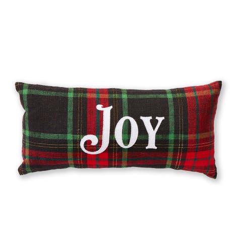 Joy Christmas Plaid Throw Pillow Red Multi Cotton Decorative