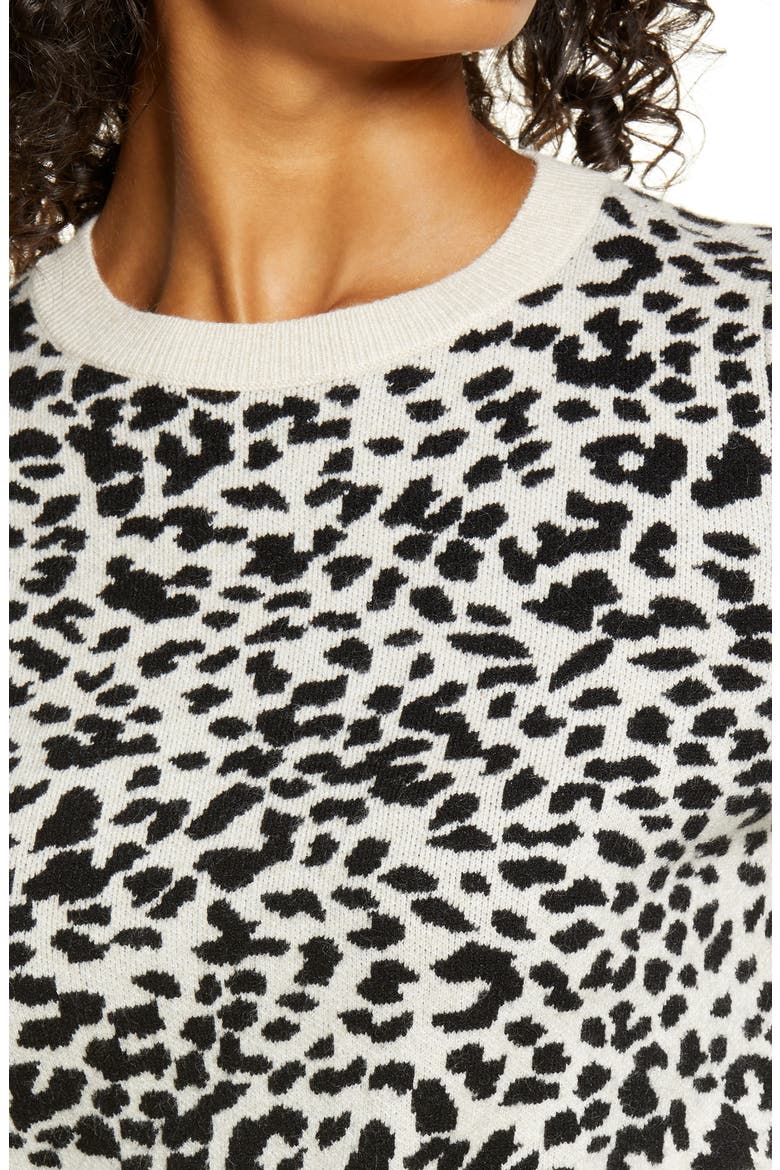 Leopard Pattern Crewneck Sweater, Alternate, color, OATMEAL HEATHER-BLACK LEOPARD