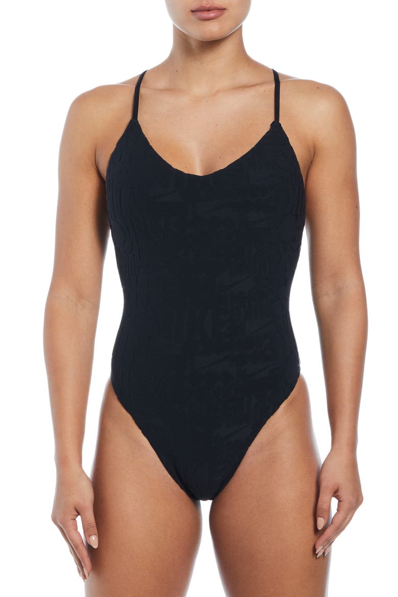 Retro Flow One-Piece Swimsuit, Main, color, BLACK