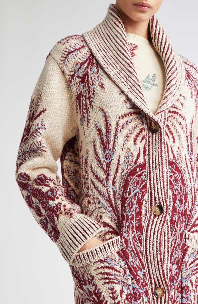 Etro Paisley Wool & Cotton Longline Cardigan, Alternate, color, Stampa F.do Bianco