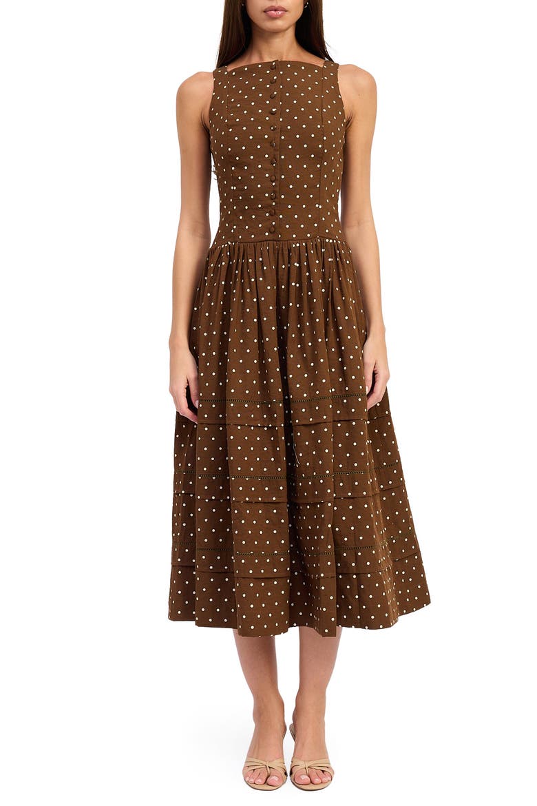 Stella Polka Dot Midi Dress, Main, color, BROWN IVORY