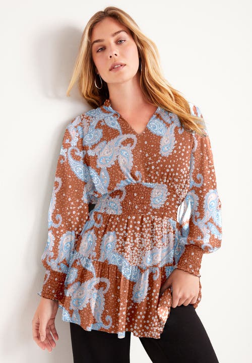 June + Vie Smocked Georgette Tunic In Animal Print