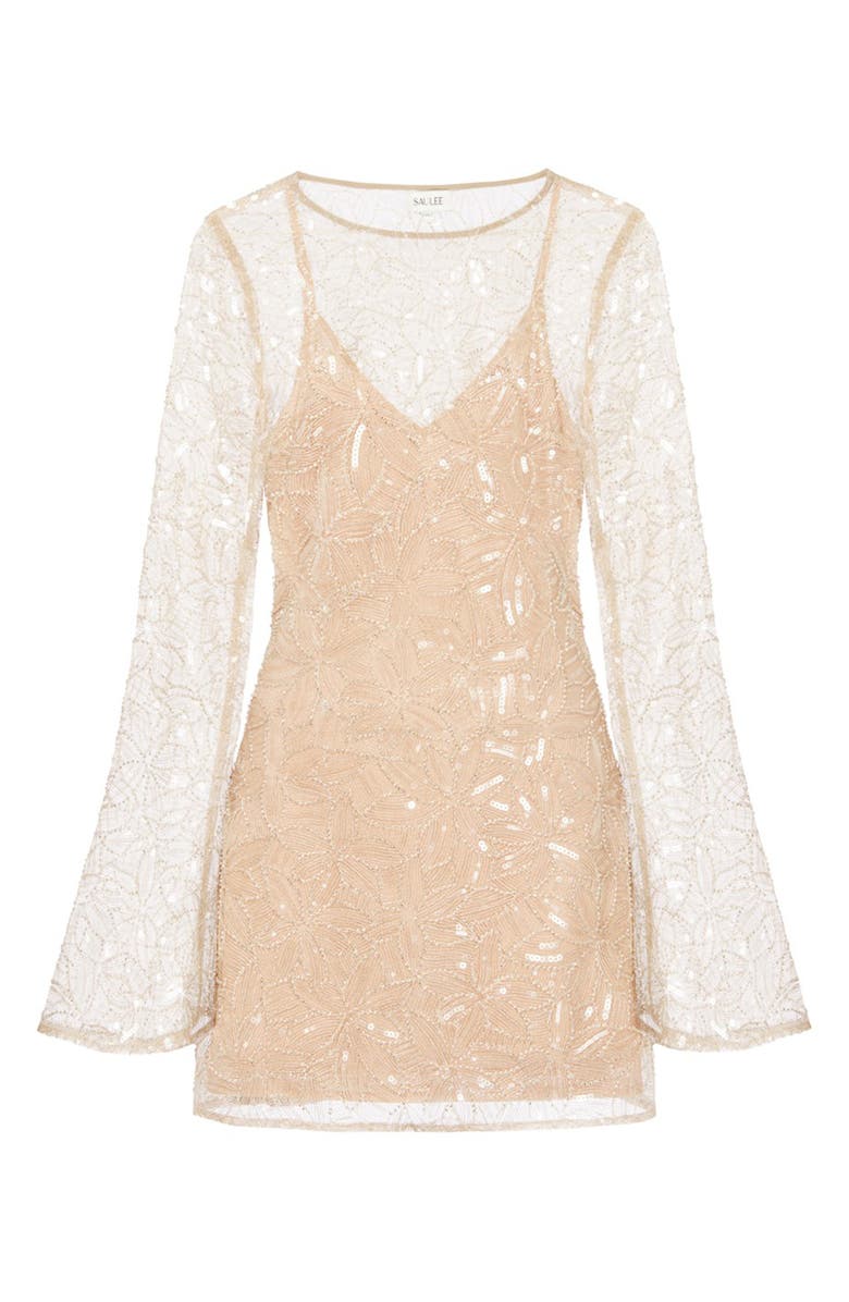 SAU LEE Odessa Beaded Floral Long Sleeve Cocktail Minidress, Alternate, color, Beige