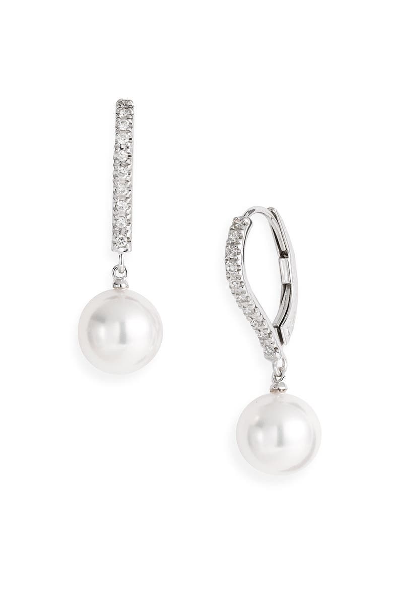 Diamond & Akoya Cultured Pearl Earrings, Main, color, WHITE GOLD