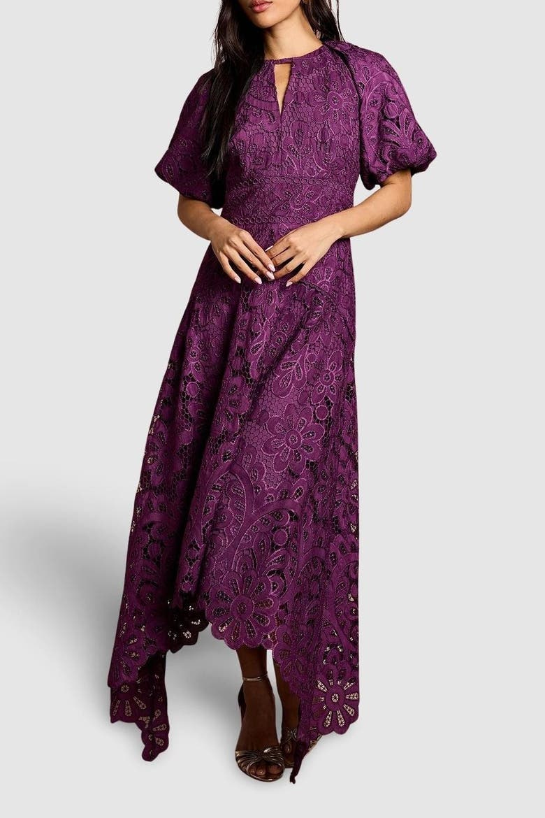 Lace Hanky Hem Puff Sleeve Dress, Alternate, color, Plum