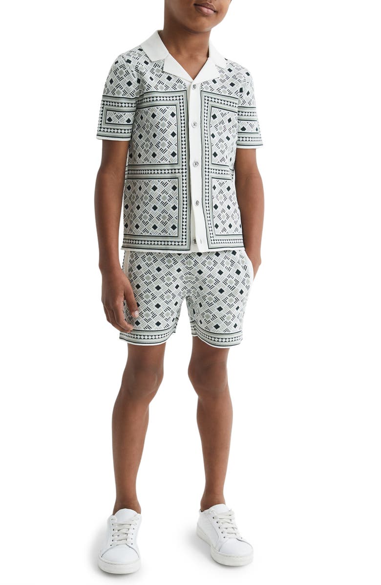 Reiss Kids' Charmer Jr. Geometric Jacquard Short Sleeve Cardigan, Alternate, color,