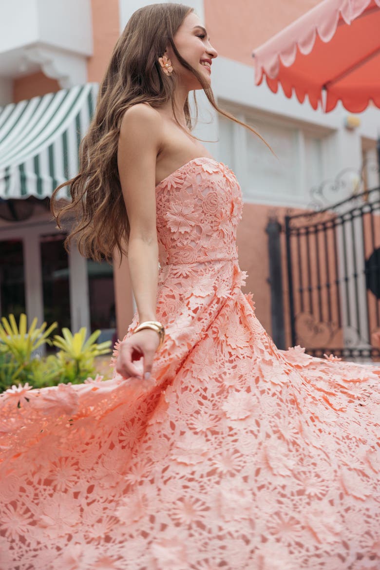 Floral Lace Strapless A Line Midi Dress, Alternate, color, Blush