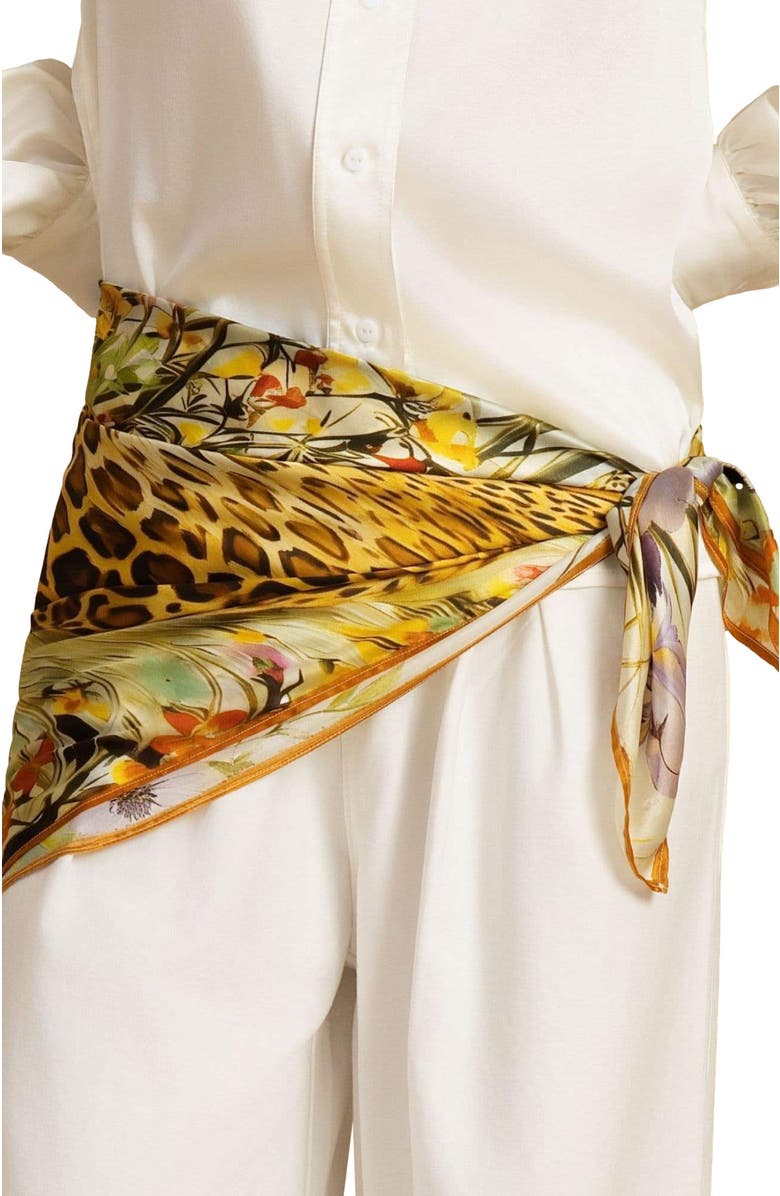 SILKSILKY Pure Silk Leopard & Floral Scarf, Alternate, color, Orange