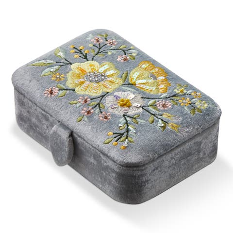 Floral Embroidered Rect Box Blue Multi Velvet Fabric Everyday