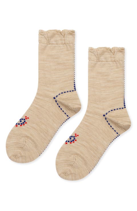 Heart Cross-Stitch Wool Blend Crew Socks