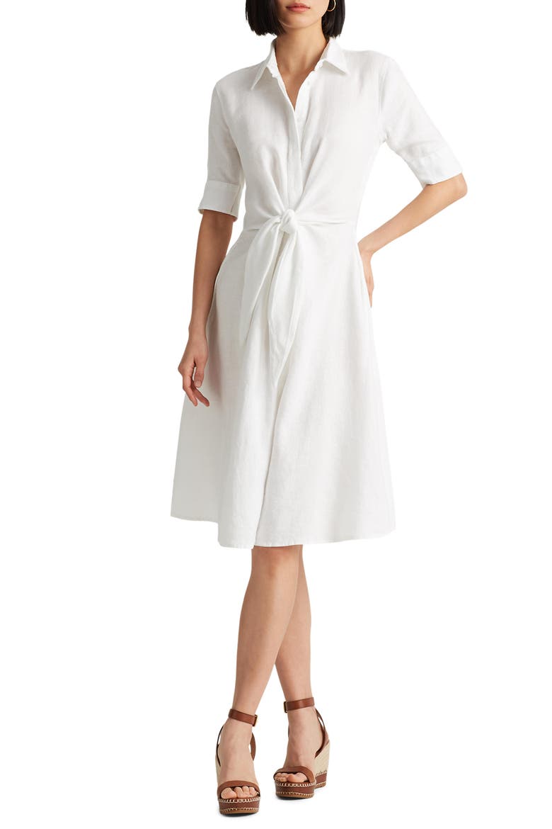 Linen Tie Front Shirtdress, Main, color, WHITE