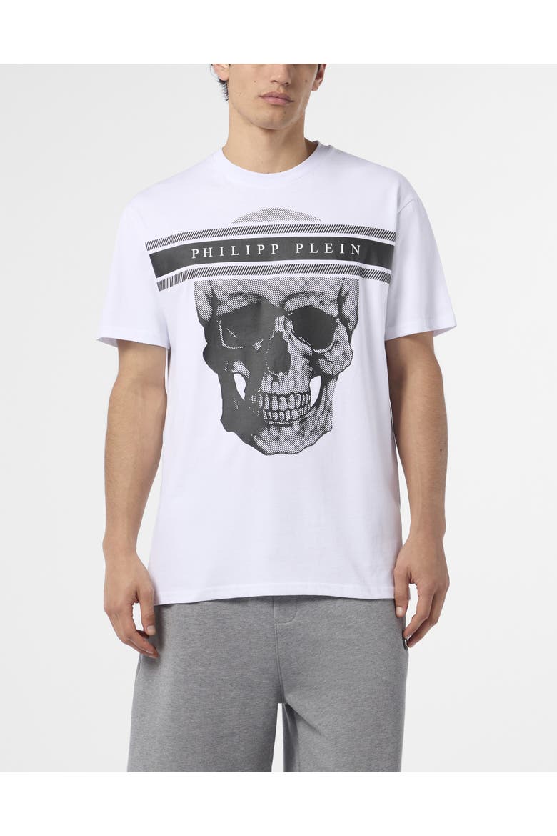 Round Neck T-Shirt Skull Logo Line Men, Main, color, white