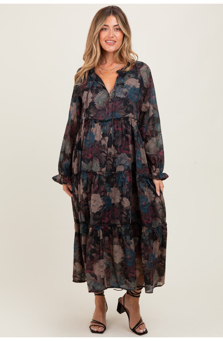 PinkBlush Floral Chiffon Ruffle Tiered Midi Dress, Alternate, color, Black