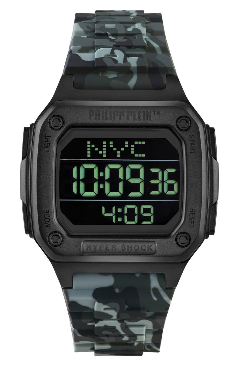 PHILIPP PLEIN Hyper $hock Silicone Strap Square Watch, 44mm, Main, color, Black