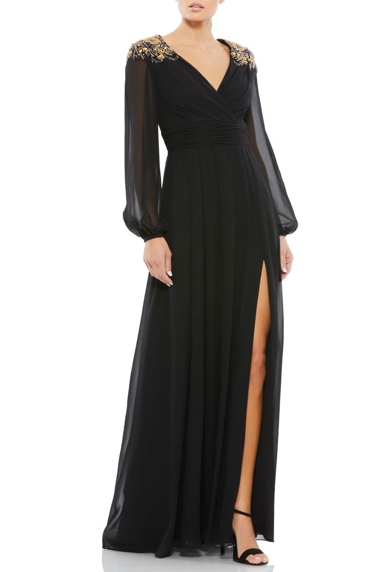 Embellished Shoulder Blouson Sleeve Evening Gown, Main, color, BLACK GOLD