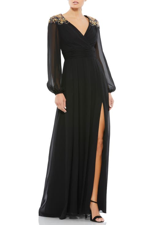 Embellished Shoulder Blouson Sleeve Evening Gown