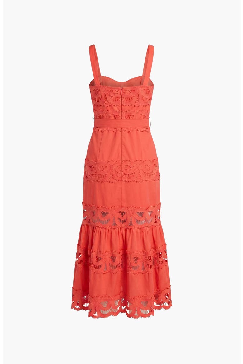 Belted Lace Inset Midi Dress with Square Neck and Tiered Skirt, Alternate, color, Red