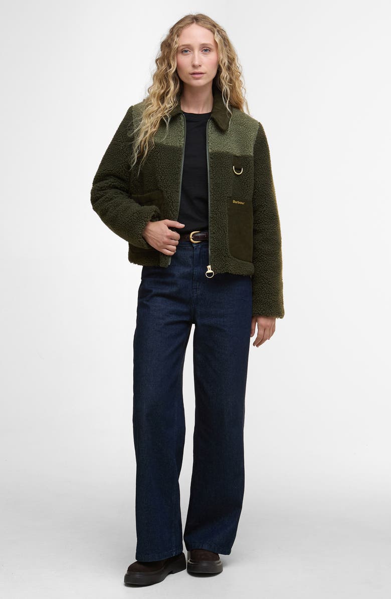 Barbour Malena Faux Shearling Fleece Crop Jacket, Alternate, color, Olive/ Light Moss