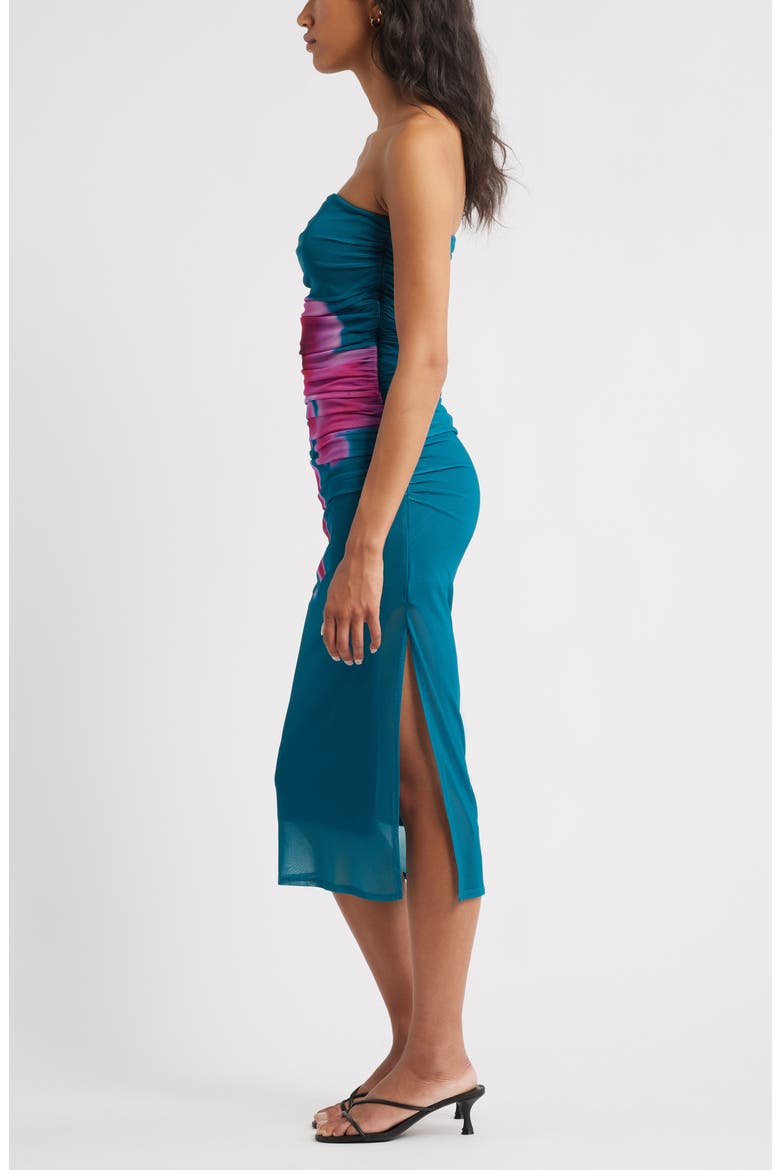 Ruched Strapless Mesh Dress, Alternate, color, TEAL- PINK BLURRY FLORAL