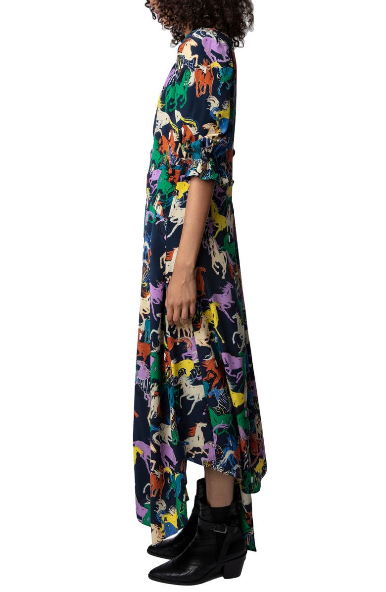 Zadig & Voltaire Ranage Horse Print Silk Crêpe de Chine Maxi Dress, Alternate, color, Blueberry