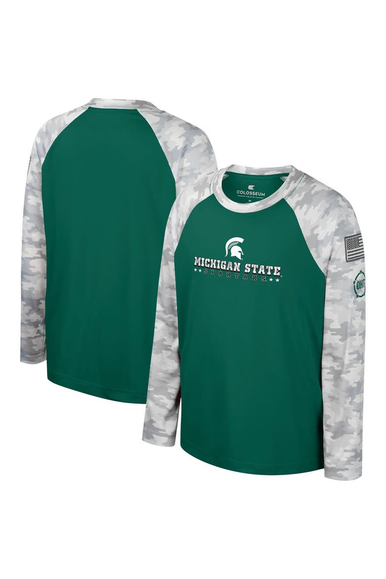 Youth Colosseum Green/Camo Michigan State Spartans OHT Military Appreciation Dark Star Raglan Long Sleeve T-Shirt, Alternate, color, Green